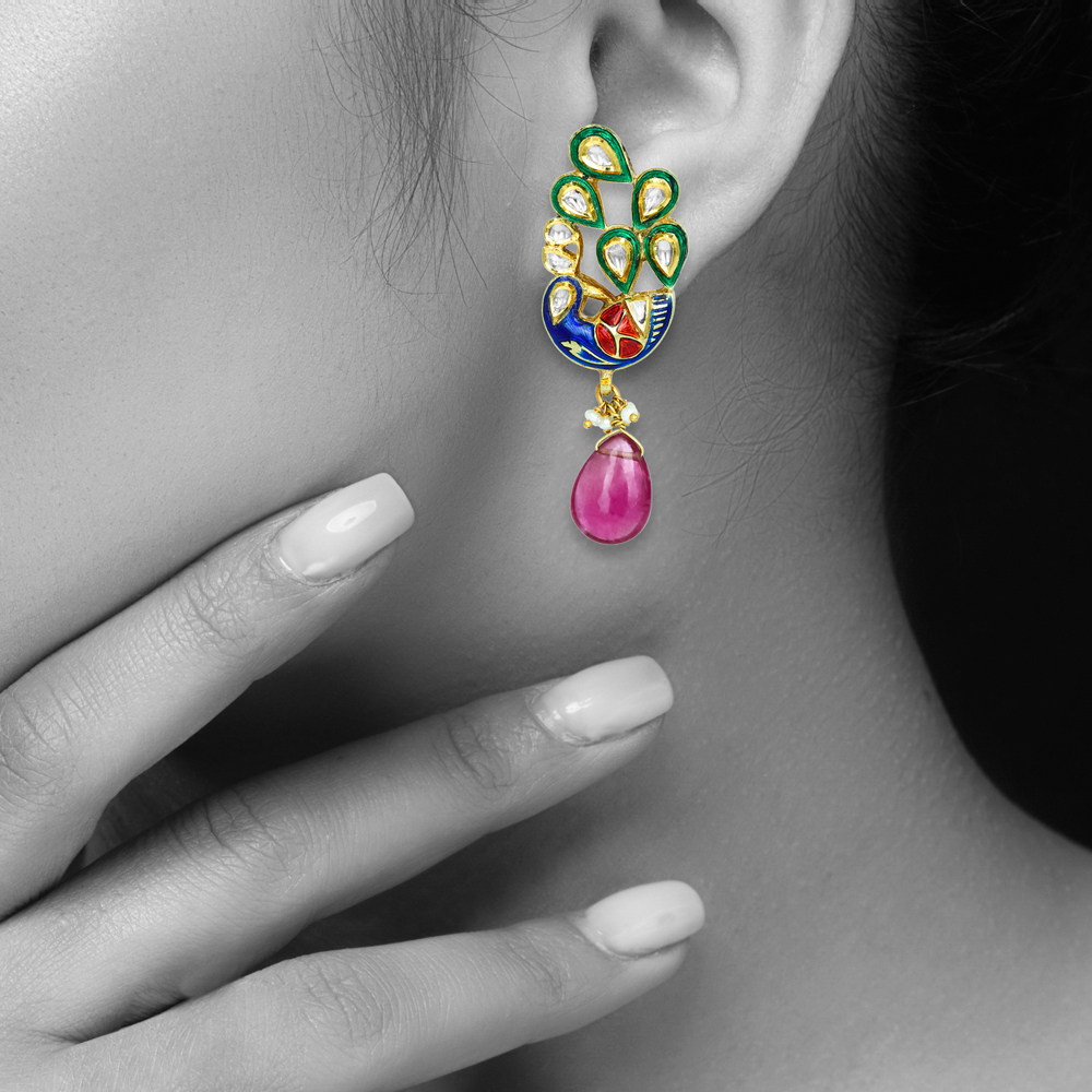 Peacock Enamel Earrings with Polki Diamonds and Tourmaline Drops